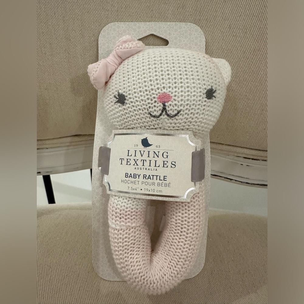 Baby Kitty Cat Rattle With Bow by Living Textiles NWT